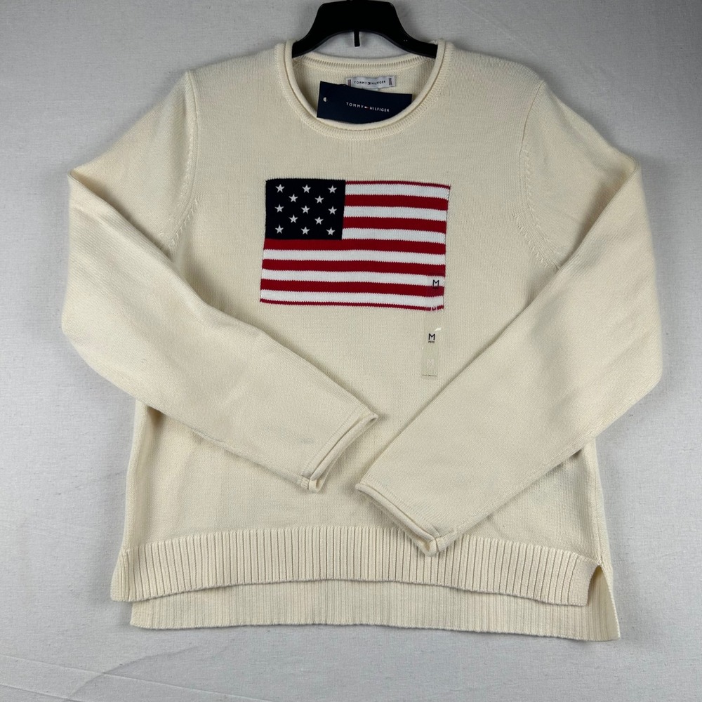 Tommy Hilfiger Womens American Flag Cotton Sweater Cream XW07858 Size M NWT